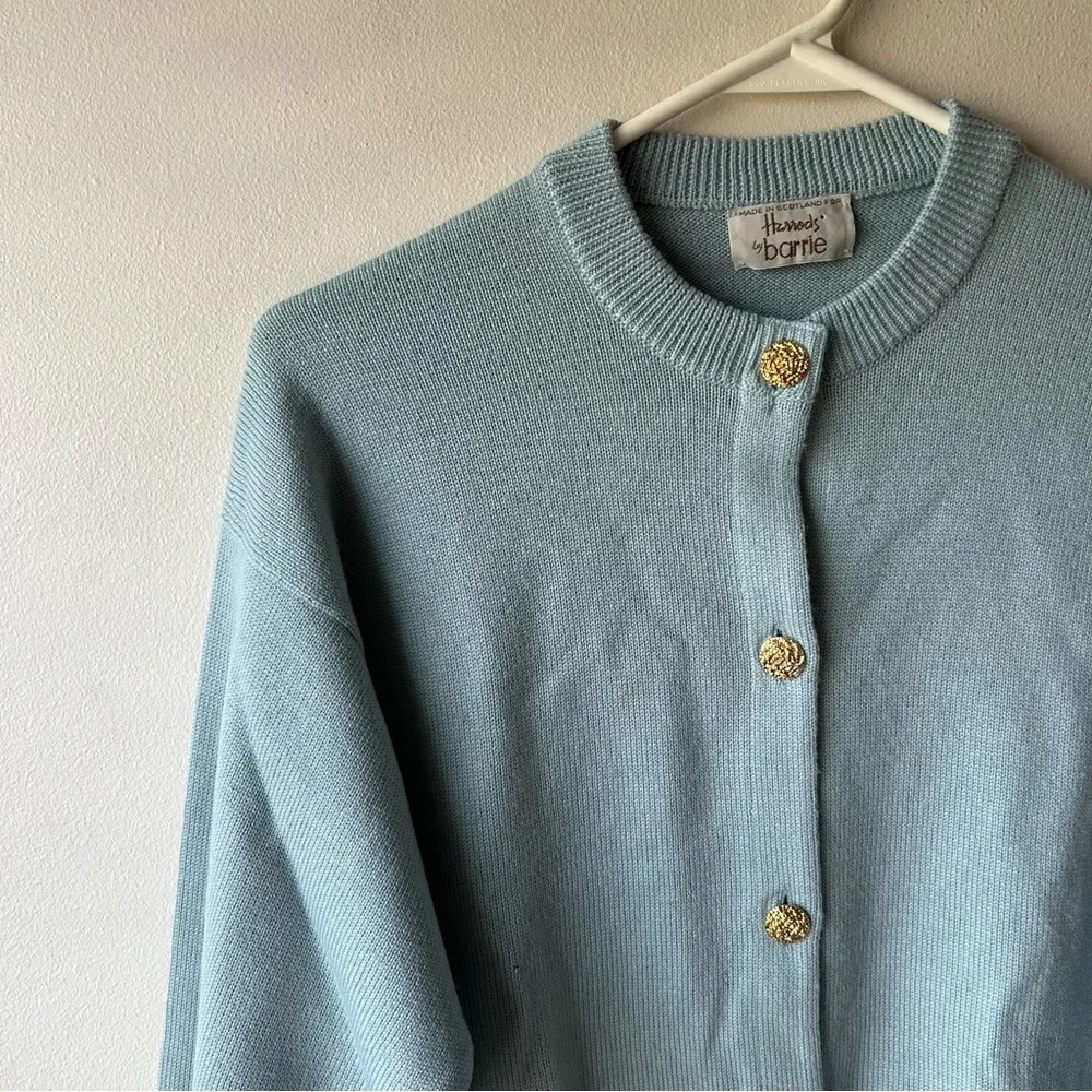 Vintage Harrods By Barrie 100% Merino Wool Made In Scotland Cardigan Egg Blue XL